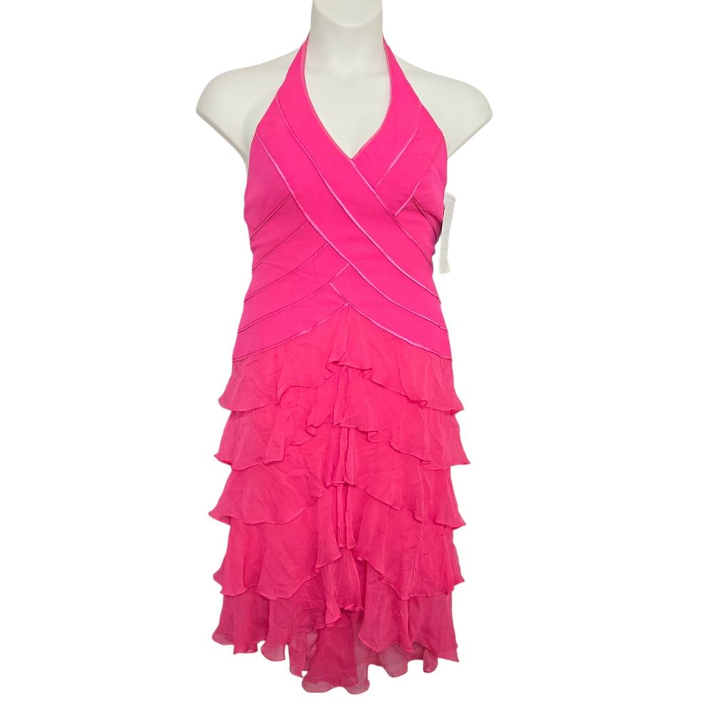 Carmen Marc Valvo Collection Dress Size 10 Silk Pink Tiered Ruffle Halter Y2K